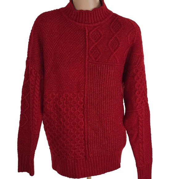 American Eagle Sweater Mens Small Red Patchwork Cable Knit Crewneck Pullover Y2K - Picture 2 of 10